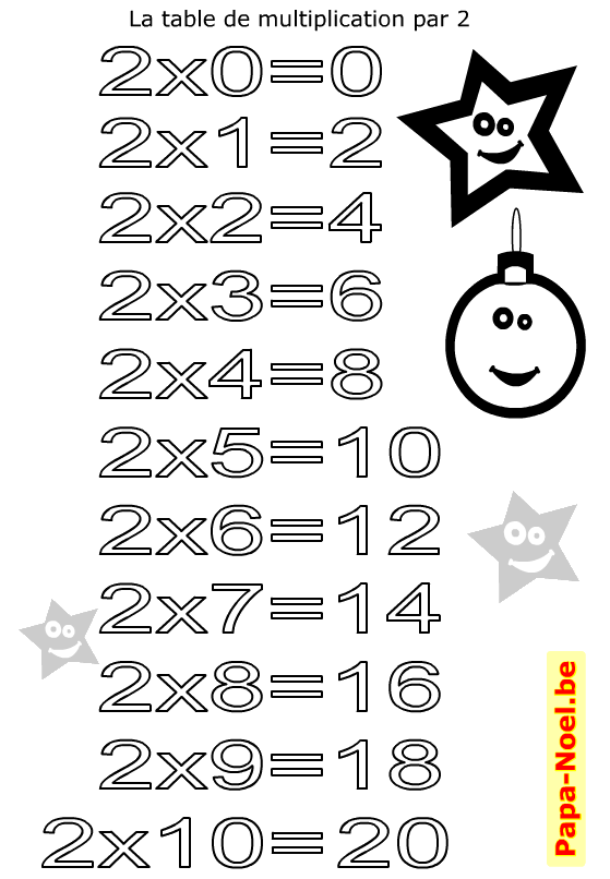 Table de multiplication de 2 à imprimer. Coloriage gratuit. Pour enfants.