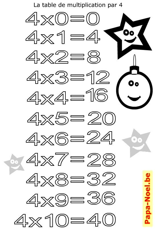 Coloriage. Table de multiplication de 4 à imprimer.