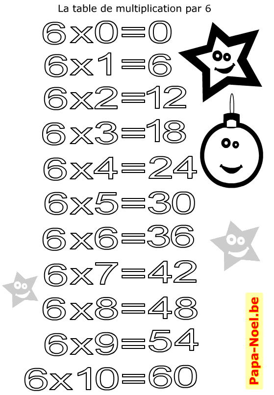 Table de multiplication de 6. Coloriage à imprimer.