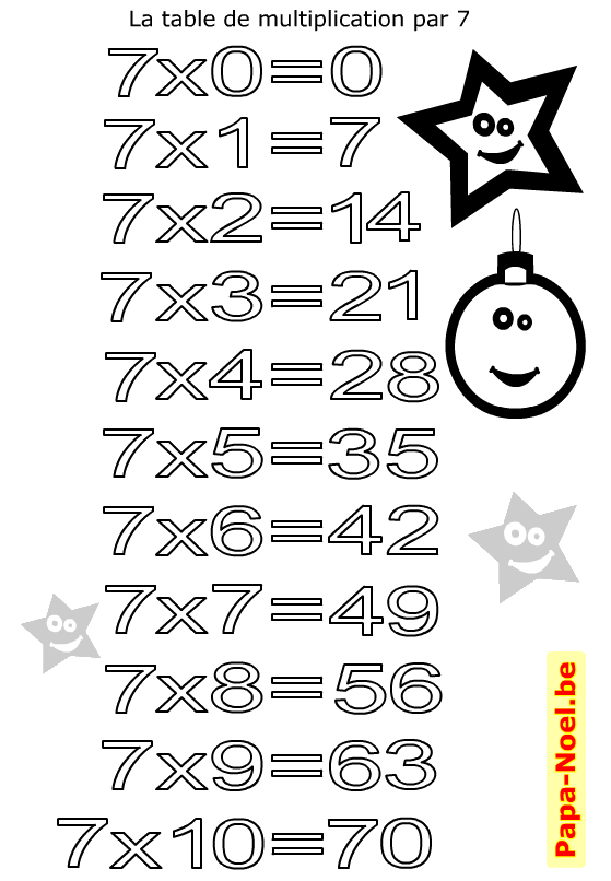 Table de multiplication de 7 à imprimer. Coloriage pour enfants.