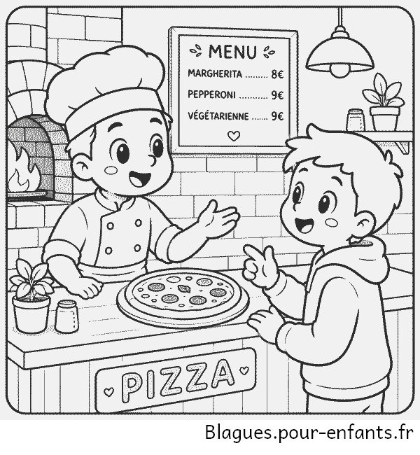 Blague courte avec dessin de pizzeria. Pour enfants