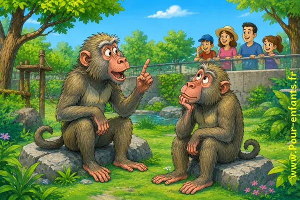 Alain et Bébert les babouins regardent le ciel au zoo