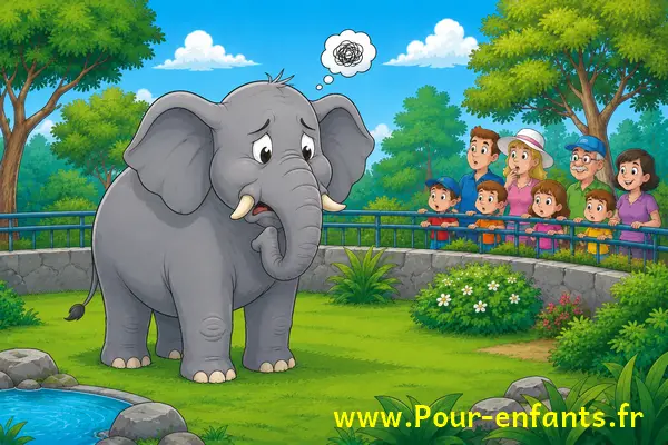 Conte amusant. Filibert l'éléphant a des soucis. Histoire pour enfants.